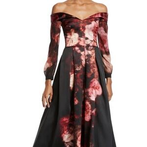 David Meister Off The Shoulder Long Rose-Print Floral Gown Formal Dress Sz 4 NWT